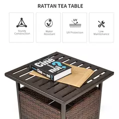 Outsunny Rattan Garden Coffee Table, 55.5 cm Square Wicker Patio Side Coffee Table with 4 cm Umbrella Hole, Metal Bottom and Slatted Top for Outdoor, Balcony, Brown - 4