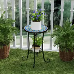 Outsunny Mosaic Garden Table, 35.5 cm Round Outdoor Table with Shelf, Ceramic Tile Top, Small Garden Side Table Bistro Table End Table Plant Stand for Indoor, Patio, Balcony, Blue - 9