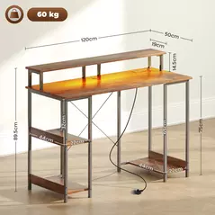 HOMCOM LED Computer Desk, with Power Outlets and Shelves - Rustic Brown - 3