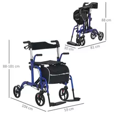 HOMCOM 2 in 1 Wheelchair Transport Chair & Folding Rollator Walker with Seat, Backrest, Footrest, Lightweight Walking Frame with Bag, Adjustable Height, 4 Wheeled Walker for Seniors, Pearl Blue - 3