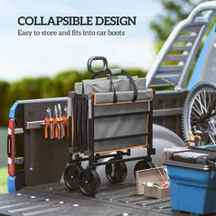 Outsunny 160L Festival Trolley on Wheels, Folding Camping Trolley Cart w/ Tailgate, 100kg Heavy Duty Garden Collapsible Folding Wagon w/Adjustable Handle, Carry Bag for Beach Picnic, Grey and Orange - 5