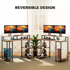 HOMCOM LED Computer Desk, with Power Outlets and Shelves - Rustic Brown - 7