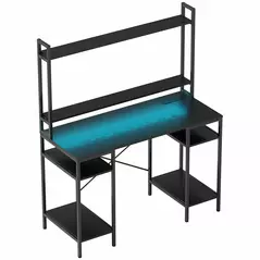 HOMCOM Computer Desk with Power Outlets and LED Lights, Home Office Desk with Monitor Stand, 2 CPU Stands and Storage Shelves, Study Table Gaming Desk with Hutch, Black - 1