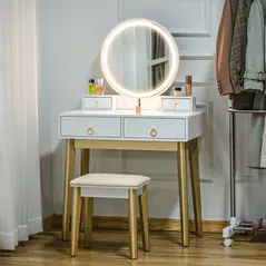 HOMCOM Dressing Table Set with Mirror, Built-in 3 Color LED Light, Vanity Makeup Table with 4 Drawers and Cushioned Stool for Bedroom, White - 2