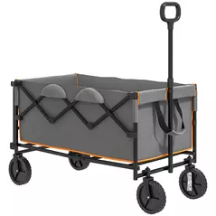 Outsunny 160L Festival Trolley on Wheels, Folding Camping Trolley Cart w/ Tailgate, 100kg Heavy Duty Garden Collapsible Folding Wagon w/Adjustable Handle, Carry Bag for Beach Picnic, Grey and Orange - 1