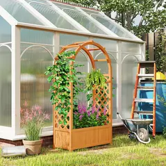 Outsunny Wooden Raised Garden Bed with Trellis, Liner, Drainage Holes, for Vine Climbing Plants, Flowers, 83 x 36 x 145 cm - 2