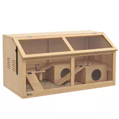 PawHut Hamster Cage, Wooden Small Animal Cage for Gerbils, Mice w/ Suspension Bridge, Openable Top, Hut, 85 x 45 x 44cm Nature - 1