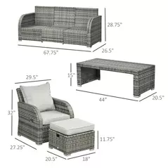 Outsunny Six-piece Outdoor Rattan Dining Set, Outdoor Sofa Set with Reclining Armchairs and Mental Frame, Grey - 3