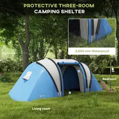 Outsunny Two-Man Tent, with Bedrooms, Living Room and Canopy - Blue - 4