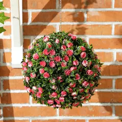 HOMCOM Set of 2 Decorative Artificial Plants, UV-protected Artificial Plant Topiary Rose Balls, Fake Plants for Home Indoor outdoor Decor, 28cm, Pink - 8