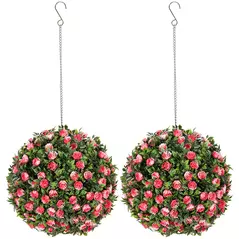 HOMCOM Set of 2 Decorative Artificial Plants, UV-protected Artificial Plant Topiary Rose Balls, Fake Plants for Home Indoor outdoor Decor, 28cm, Pink - 1