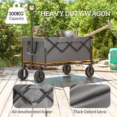 Outsunny 160L Festival Trolley on Wheels, Folding Camping Trolley Cart w/ Tailgate, 100kg Heavy Duty Garden Collapsible Folding Wagon w/Adjustable Handle, Carry Bag for Beach Picnic, Grey and Orange - 4
