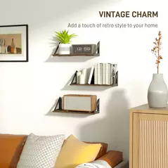 HOMCOM Set of 3 Wall Shelves, 43cm Vintage Wall Mounted Floating Shelves for Living Room, Entryway, Bedroom, Rustic Brown - 6