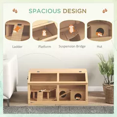 PawHut Hamster Cage, Wooden Small Animal Cage for Gerbils, Mice w/ Suspension Bridge, Openable Top, Hut, 85 x 45 x 44cm Nature - 4