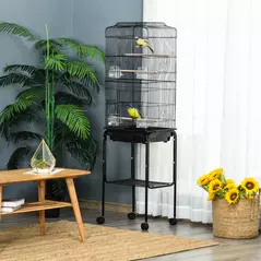 PawHut Bird Cage Budgie Cages for Finch Canary Parakeet with Stand Wheels Slide-out Tray Accessories Storage Shelf, Black 46.5 x 36 x 157 cm - 7