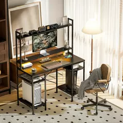 HOMCOM Computer Desk with Power Outlets and LED Lights, Home Office Desk with Monitor Stand, 2 CPU Stands and Storage Shelves, Study Table Gaming Desk with Hutch, Black - 9