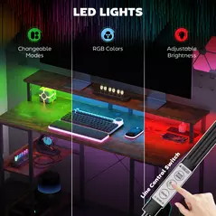 HOMCOM LED Computer Desk, with Power Outlets and Shelves - Rustic Brown - 5