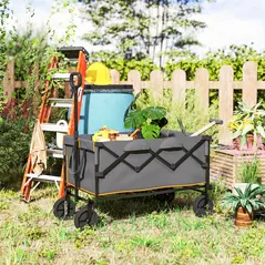 Outsunny 160L Festival Trolley on Wheels, Folding Camping Trolley Cart w/ Tailgate, 100kg Heavy Duty Garden Collapsible Folding Wagon w/Adjustable Handle, Carry Bag for Beach Picnic, Grey and Orange - 2