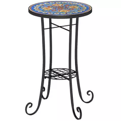 Outsunny Mosaic Garden Table, 35.5 cm Round Outdoor Table with Shelf, Ceramic Tile Top, Small Garden Side Table Bistro Table End Table Plant Stand for Indoor, Patio, Balcony, Blue - 1