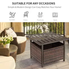 Outsunny Rattan Garden Coffee Table, 55.5 cm Square Wicker Patio Side Coffee Table with 4 cm Umbrella Hole, Metal Bottom and Slatted Top for Outdoor, Balcony, Brown - 5