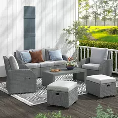 Outsunny Six-piece Outdoor Rattan Dining Set, Outdoor Sofa Set with Reclining Armchairs and Mental Frame, Grey - 2