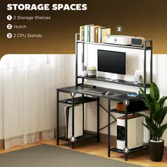 HOMCOM Computer Desk with Power Outlets and LED Lights, Home Office Desk with Monitor Stand, 2 CPU Stands and Storage Shelves, Study Table Gaming Desk with Hutch, Black - 7