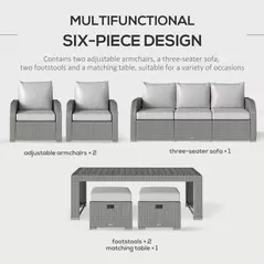 Outsunny Six-piece Outdoor Rattan Dining Set, Outdoor Sofa Set with Reclining Armchairs and Mental Frame, Grey - 4