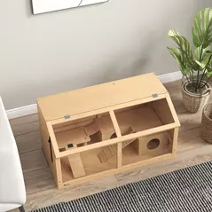 PawHut Hamster Cage, Wooden Small Animal Cage for Gerbils, Mice w/ Suspension Bridge, Openable Top, Hut, 85 x 45 x 44cm Nature - 7