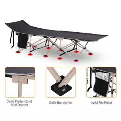 Outsunny Single Person Camping Bed Folding Cot Outdoor Patio Portable Military Sleeping Bed Travel Guest Leisure Fishing with Side Pocket and Carry Bag - Black - 5