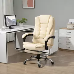 HOMCOM Executive Office Chair, Home Office Chair with Swivel Wheels, Reclining Backrest, Retractable Footrest, Cream White - 2