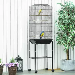 PawHut Bird Cage Budgie Cages for Finch Canary Parakeet with Stand Wheels Slide-out Tray Accessories Storage Shelf, Black 46.5 x 36 x 157 cm - 2