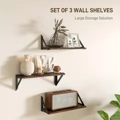HOMCOM Set of 3 Wall Shelves, 43cm Vintage Wall Mounted Floating Shelves for Living Room, Entryway, Bedroom, Rustic Brown - 4
