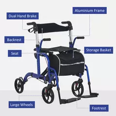 HOMCOM 2 in 1 Wheelchair Transport Chair & Folding Rollator Walker with Seat, Backrest, Footrest, Lightweight Walking Frame with Bag, Adjustable Height, 4 Wheeled Walker for Seniors, Pearl Blue - 8