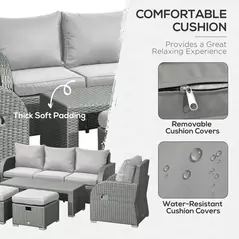 Outsunny Six-piece Outdoor Rattan Dining Set, Outdoor Sofa Set with Reclining Armchairs and Mental Frame, Grey - 8