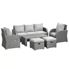 Outsunny Six-piece Outdoor Rattan Dining Set, Outdoor Sofa Set with Reclining Armchairs and Mental Frame, Grey - 1