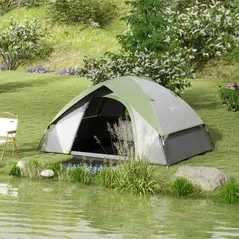 Outsunny Two Man Single Room Dome Tent, with Accessories - Green/Grey - 2