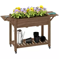 Outsunny 46 x 94cm Wooden Raised Planter, with Shelves - Carbonised - 1