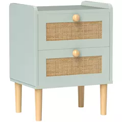 HOMCOM Bedroom Chest of Drawers, Boho Rattan Dresser with 2 Drawers, Storage Cabinet for Living Room, Hallway, Entryway, Olive Green - 1