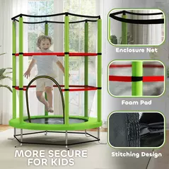 HOMCOM Kids Trampoline, with Enclosure Net, Steel Frame, for Ages 3-6 Years - Green - 6