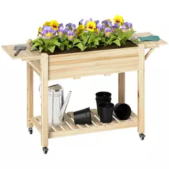 Outsunny 46 x 94cm Wooden Raised Planter, with Shelves - Natural Finish - 1