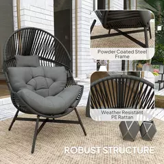 Outsunny Rattan Egg Chair, Oversized Freestanding Garden Egg Chair with Thick Tufted Cushion, Headrest, Steel Frame for Indoor and Outdoor Use, Charcoal Grey - 6