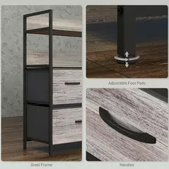 HOMCOM Rustic Chest of Five Fabric Drawers - Grey Wood Effect - 7