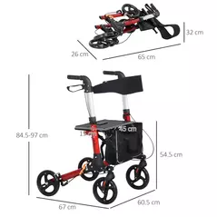 HOMCOM Folding Rollator Walker with 6 Adjustable Handle Height for People with Limited Mobility, Red - 3
