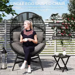 Outsunny Rattan Egg Chair, Oversized Freestanding Garden Egg Chair with Thick Tufted Cushion, Headrest, Steel Frame for Indoor and Outdoor Use, Charcoal Grey - 5