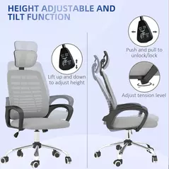 Vinsetto Ergonomic Office Chair, Mesh Desk Chair with Rotatable Headrest, Lumbar Back Support, Armrest, Grey - 4