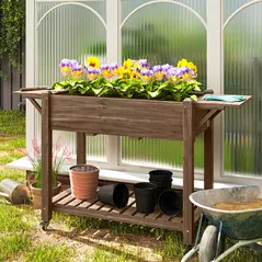 Outsunny 46 x 94cm Wooden Raised Planter, with Shelves - Carbonised - 2