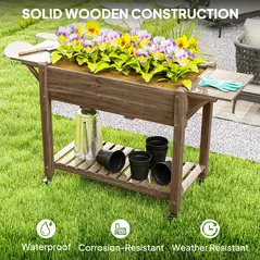Outsunny 46 x 94cm Wooden Raised Planter, with Shelves - Carbonised - 8