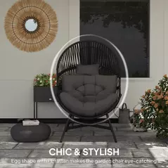 Outsunny Rattan Egg Chair, Oversized Freestanding Garden Egg Chair with Thick Tufted Cushion, Headrest, Steel Frame for Indoor and Outdoor Use, Charcoal Grey - 4