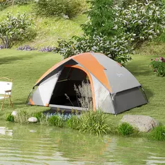 Outsunny Two Man Single Room Dome Tent, with Accessories - Orange/Grey - 2