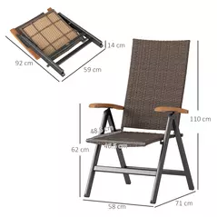 Outsunny 2 Pieces Folding Rattan Garden Dining Chairs with 5-level Reclining High Back, Wood Armrests for Outdoor - Brown - 3